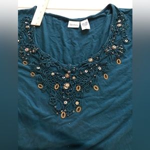 Together X-Large teal green embellished scoop neck tee